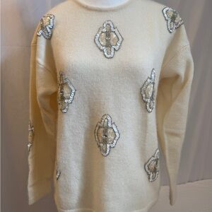 VTG Horchow Sequin Beaded Wool Angora Sweater Ivory Cream 80s Glam Coquette M
